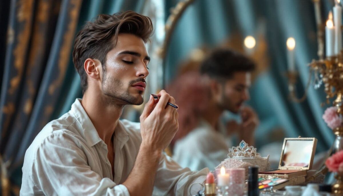 Male dancer preparing for a performance with stage makeup.